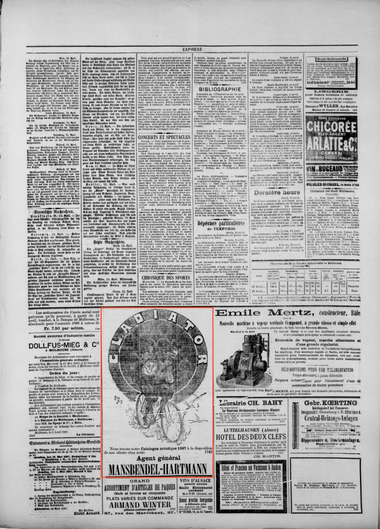 Journal L'Express de Mulhouse du 13 avril 1897 (p.3) : agent général cycles Gladiator.
